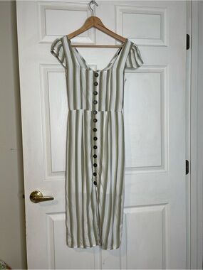 Trixxi Olive & White Striped Button-Front Midi Dress
